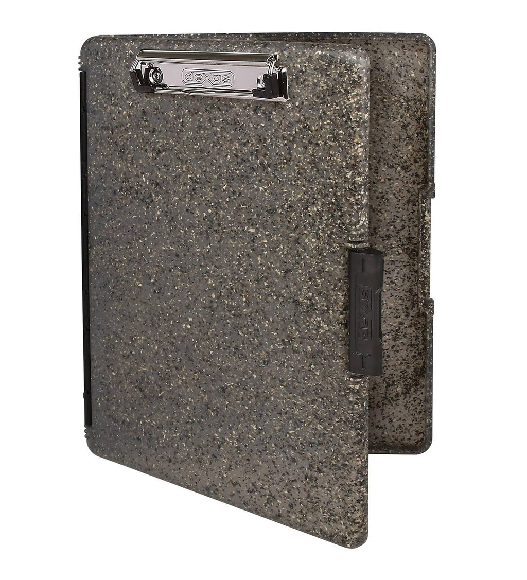 Speckled dark gray plastic clipboard with metal binder clip and side storage pocket