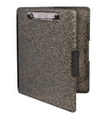 Speckled dark gray plastic clipboard with metal binder clip and side storage pocket