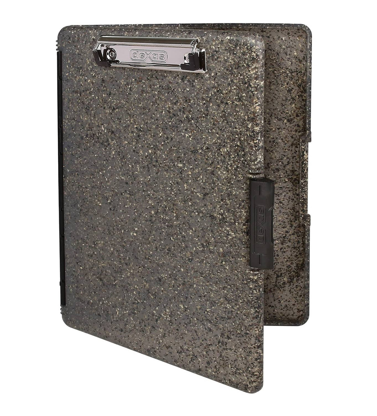 Speckled dark gray plastic clipboard with metal binder clip and side storage pocket