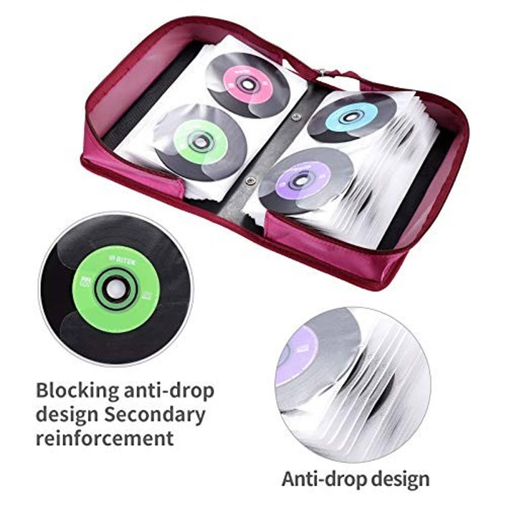 Zippered magenta CD case holding multiple discs inside clear sleeves.
