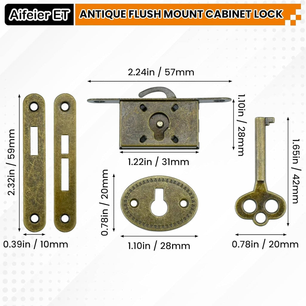 Bronze flush-mount cabinet lock components with key and mounting plates, shown with size guide