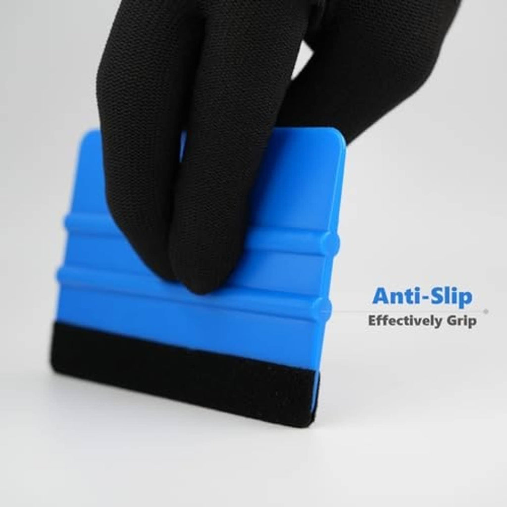 Blue felt-edge squeegee tool with anti-slip grip, black felt bottom