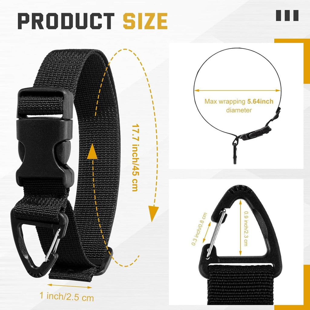 Black extension cord holder strap with triangle clip and adjustable loop, size close-up