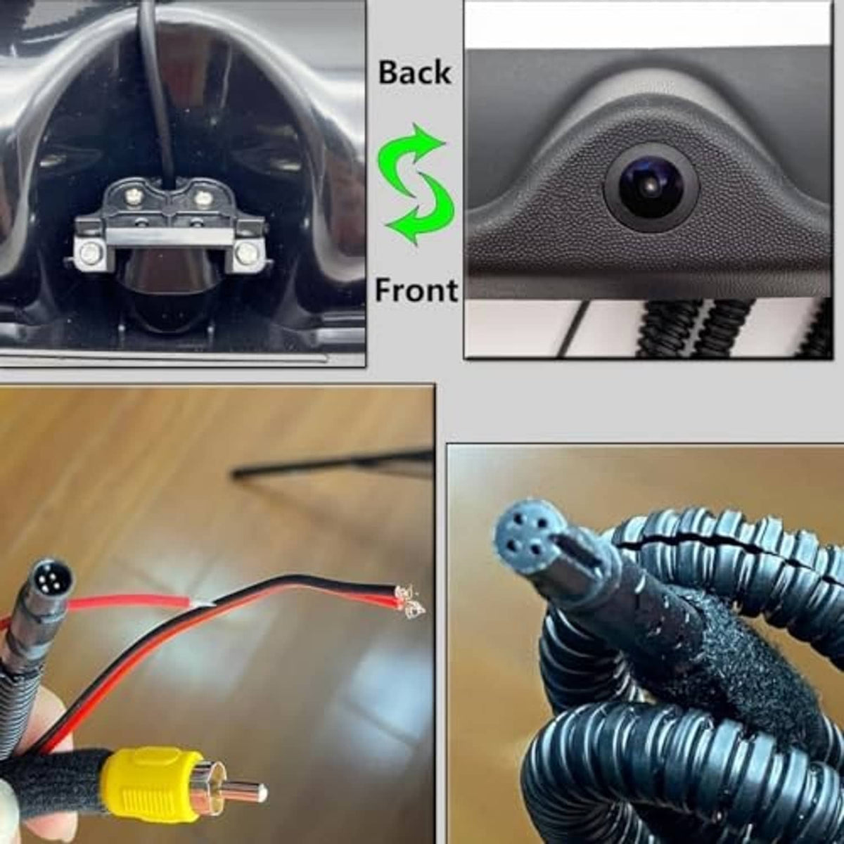 Backup camera control bezel with close-up lens and wiring connection details
