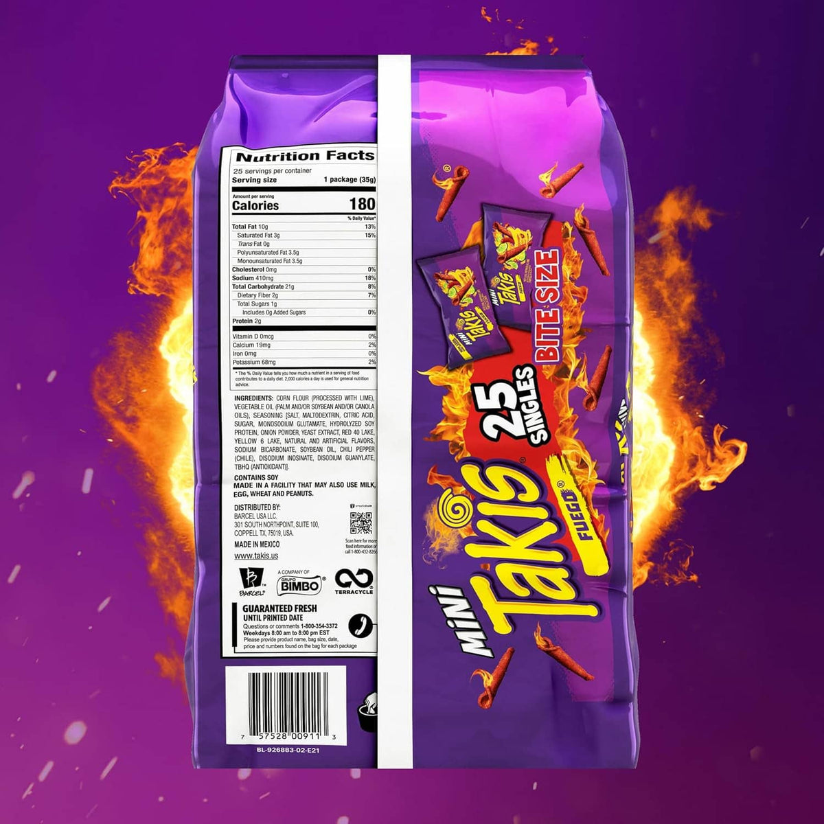 Takis Mini Fuego 25 singles snack pouch with nutrition facts panel