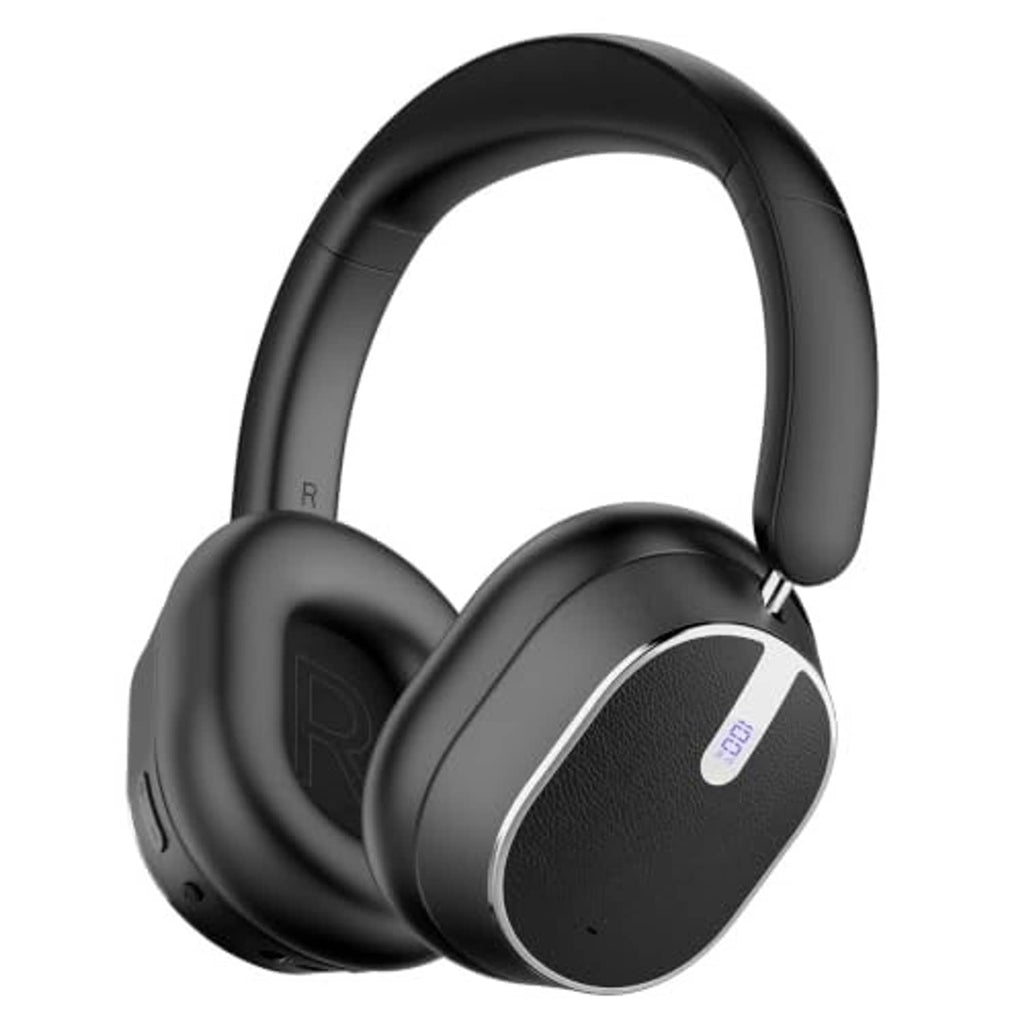 Black over-ear Bluetooth headphones with curved headband and smooth earcup design