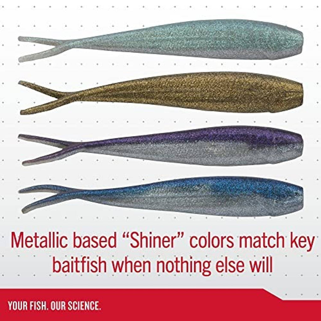 Set of soft plastic shad fishing lures with metallic finishes, multiple colors