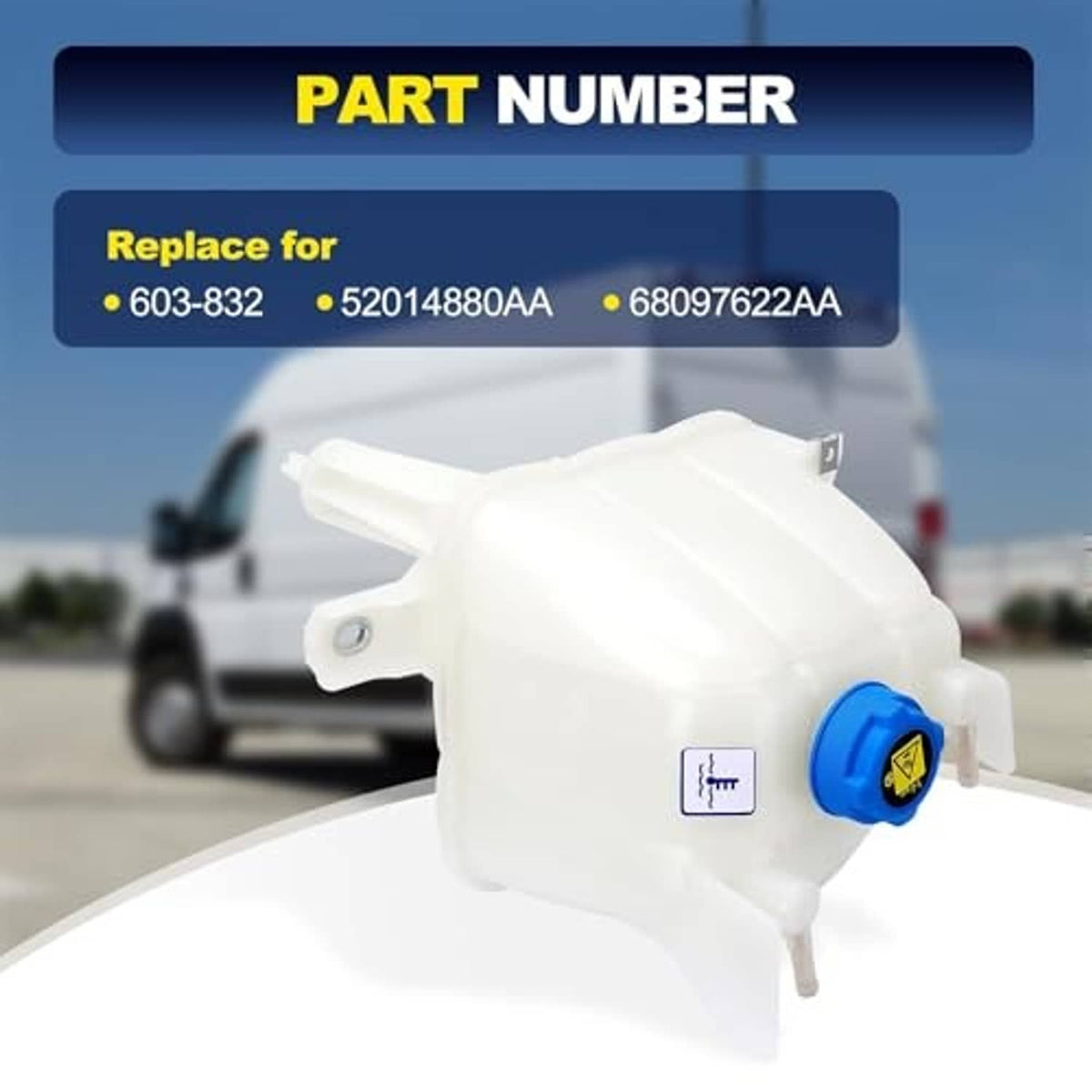 Engine coolant reservoir, white plastic with blue cap and metal mounting loop