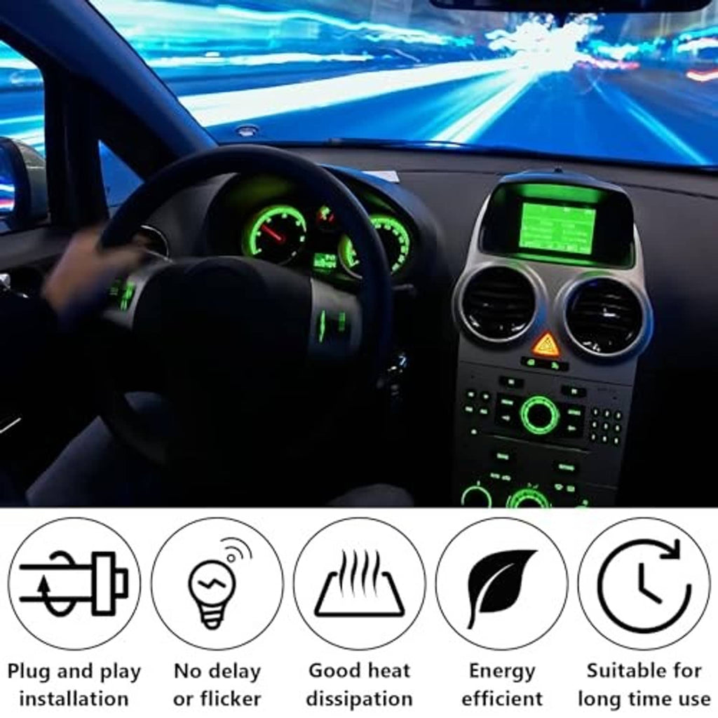 T5 LED bulbs installed in a car dashboard, green speedometer and gauge illumination.