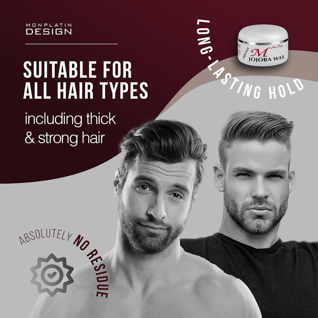 Hair wax jar shown with men’s styled hair in a promotional layout