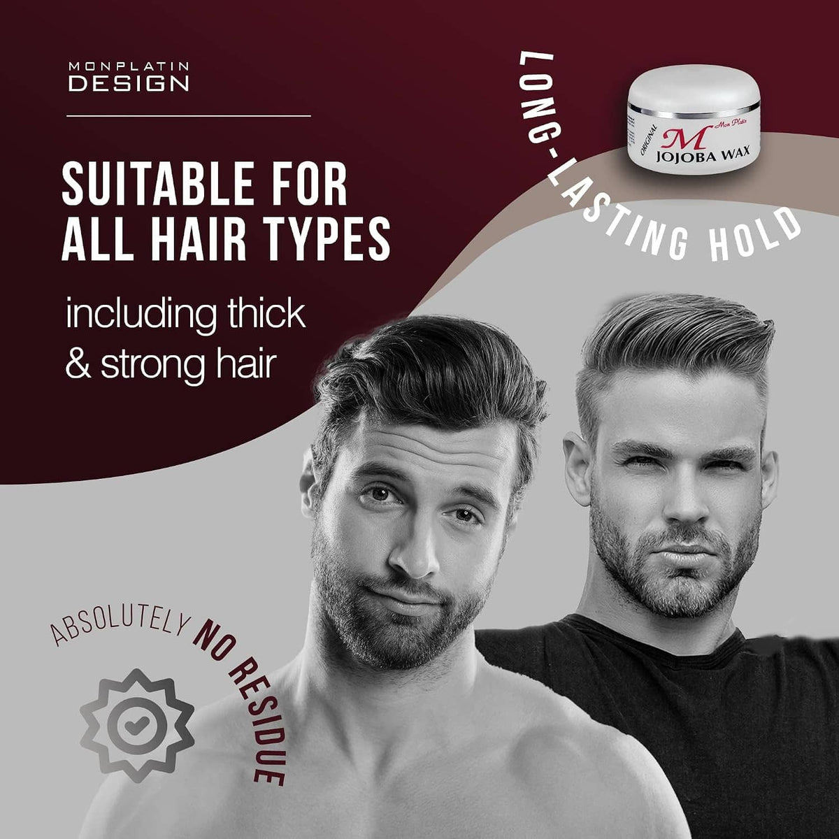 Hair wax jar shown with men’s styled hair in a promotional layout