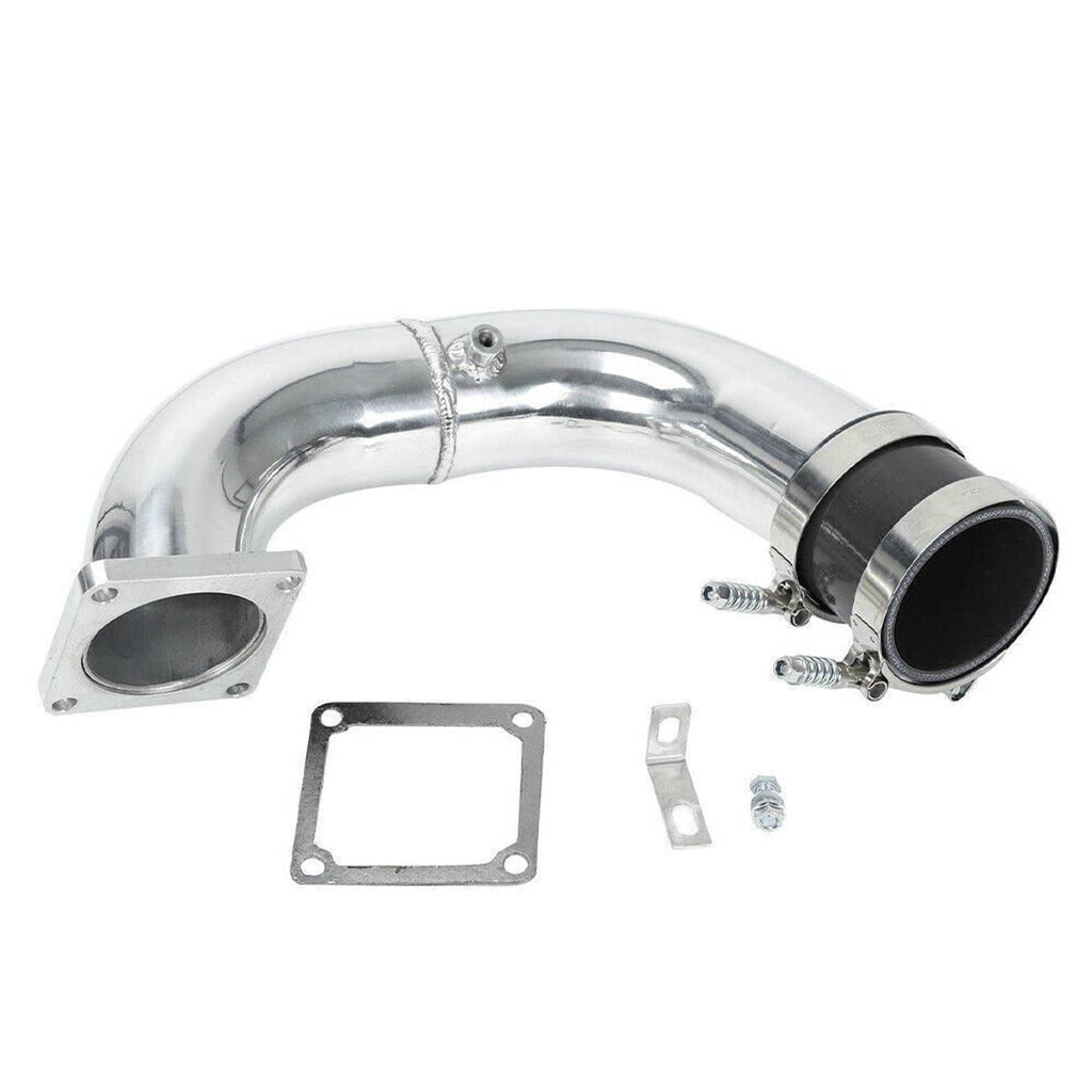 Air intake elbow charge pipe set with clamps, black coupler sleeve, and mounting gasket