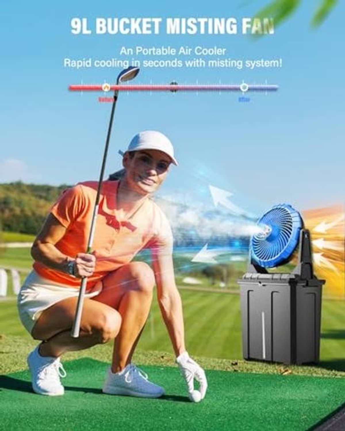 Portable misting fan with blue fan head and black bucket, misting during outdoor use
