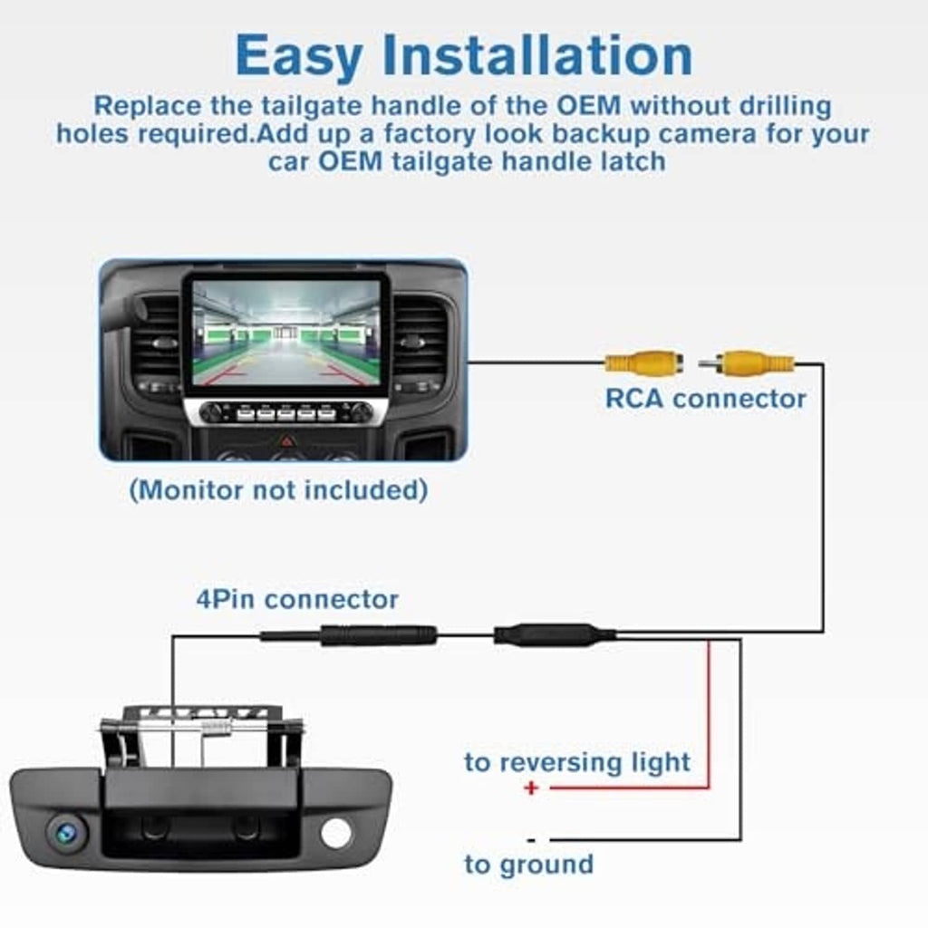 Tailgate handle backup camera installation kit with RCA and 4-pin connectors
