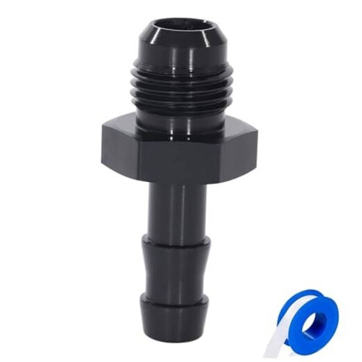 Dark metal hose fitting adapter with male flare end and 5/16 barb straight design