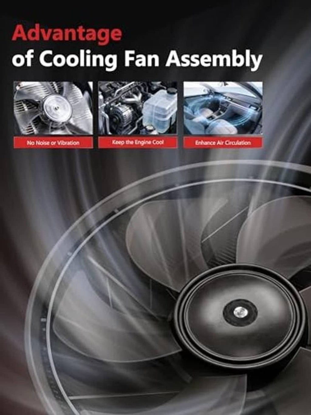 Radiator cooling fan assembly with black shroud and central motor hub