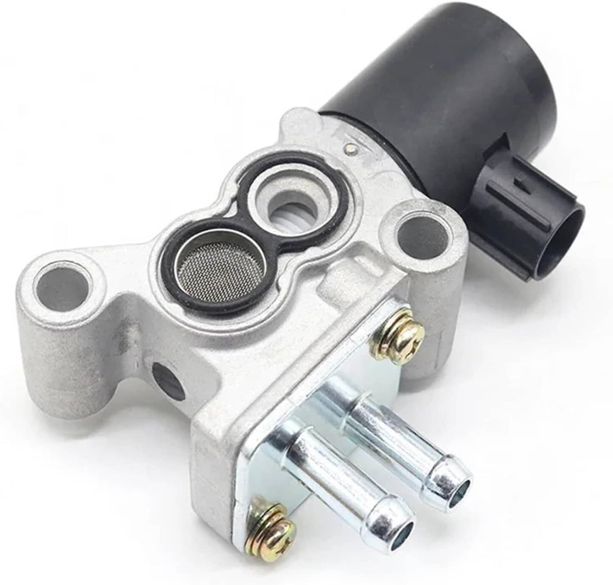 Idle air control valve detail with black air inlet, mesh filter, and chrome outlet