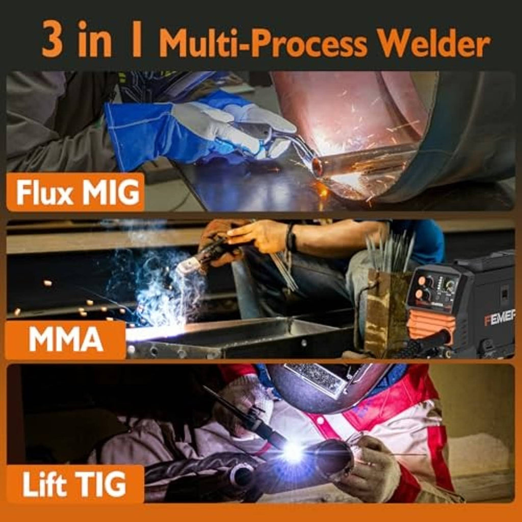 Compact multi-process welder with front control panel, shown during active welding sparks