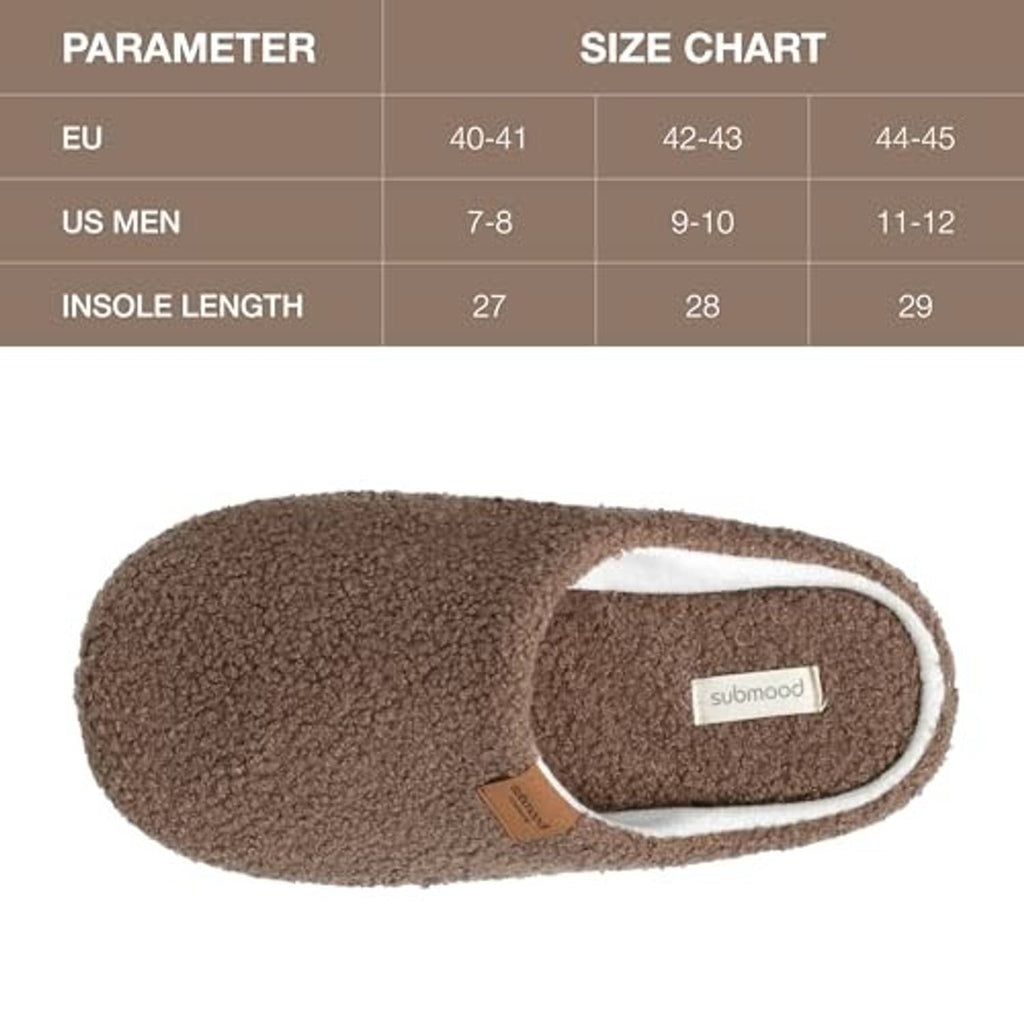 Brown plush slip-on slipper with white-lined collar and contoured insole