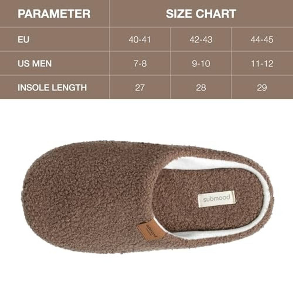 Brown plush slip-on slipper with white-lined collar and contoured insole