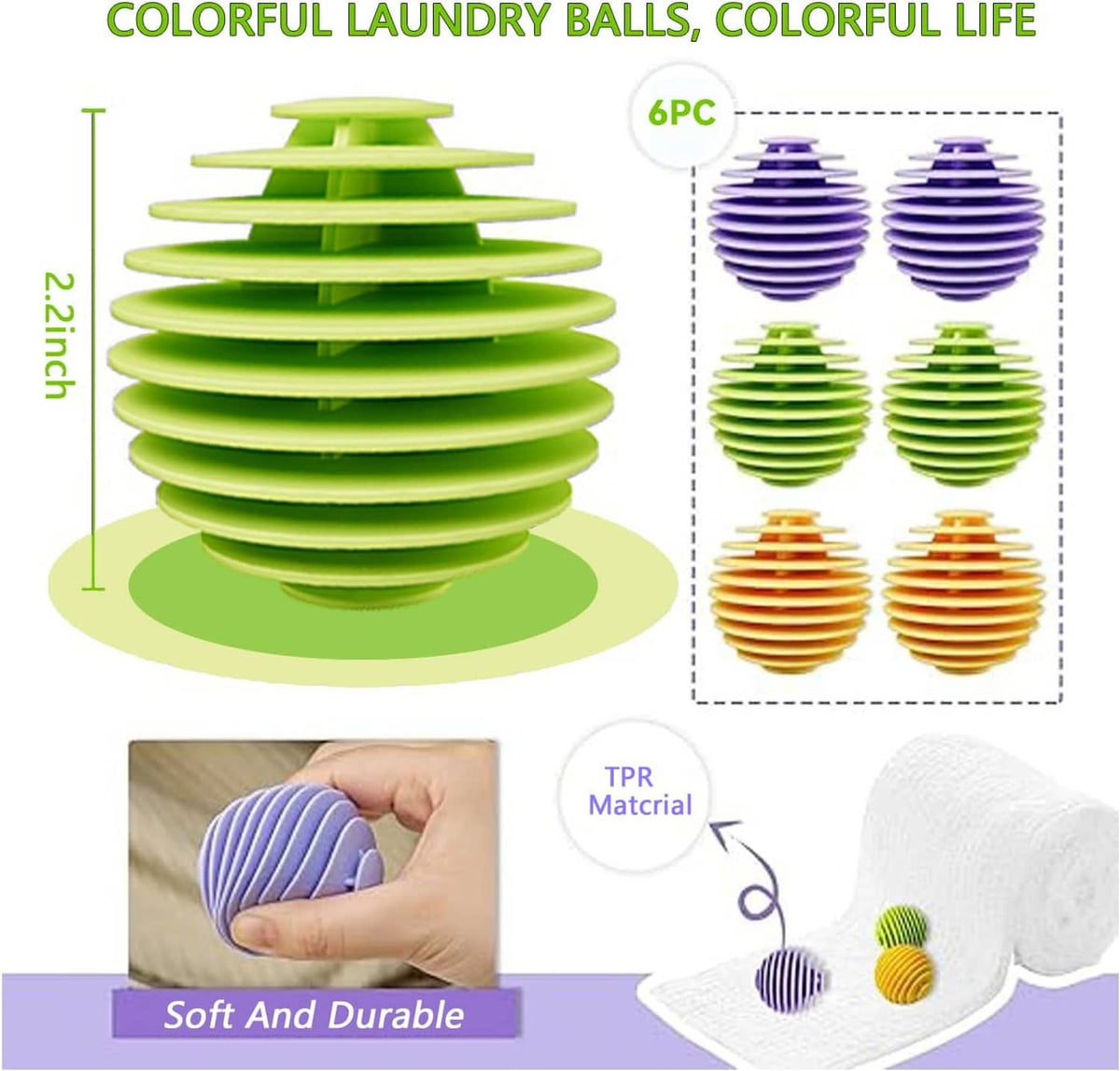 Set of 6 colorful ribbed dryer balls in green, purple, and orange for laundry