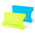 Two vinyl squeegees in lime green and tiffany blue, wedge-shaped for scraping