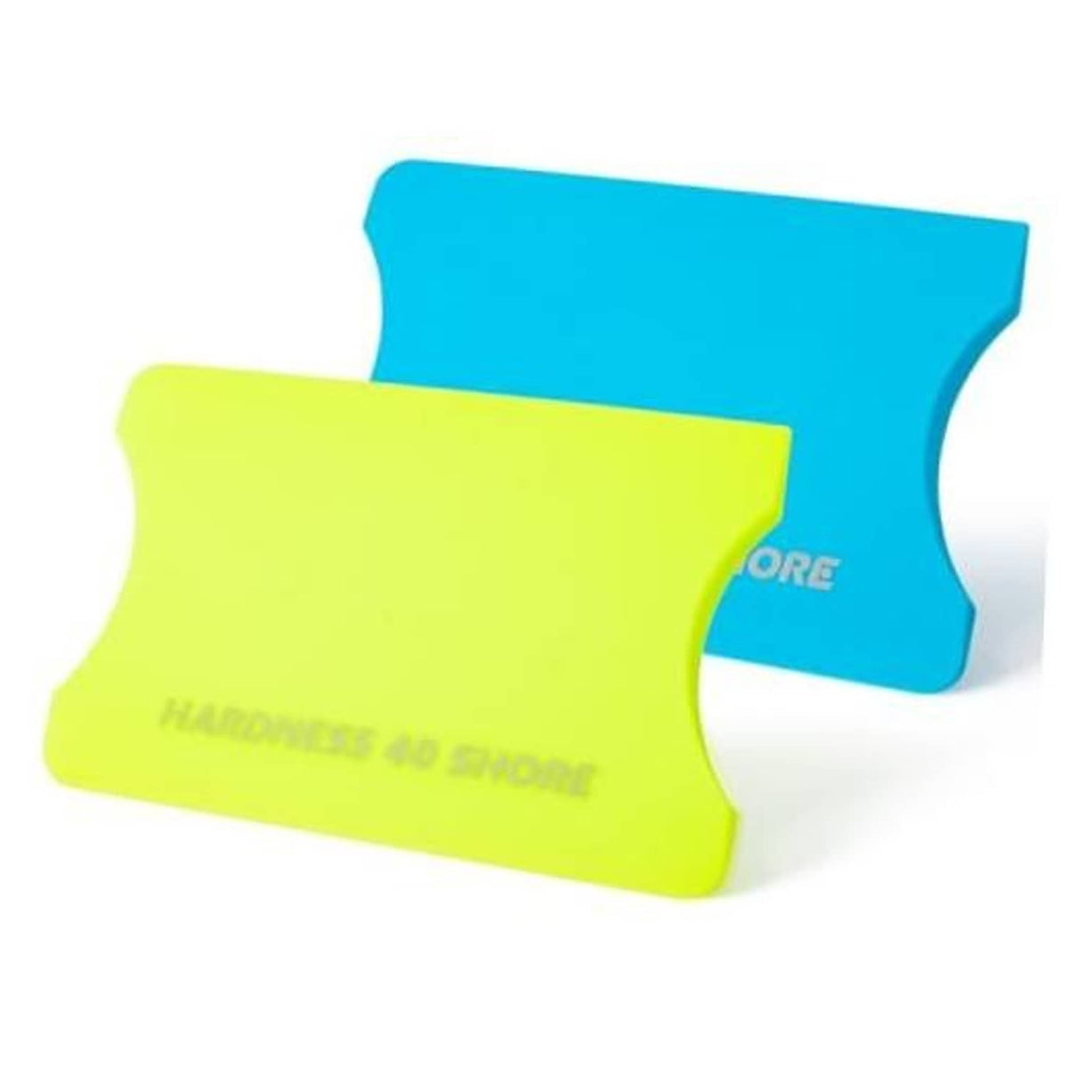 Two vinyl squeegees in lime green and tiffany blue, wedge-shaped for scraping