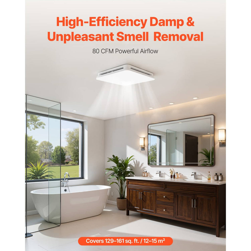 Ceiling exhaust fan with white LED light cover for bathrooms and laundry rooms