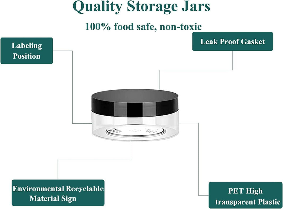 Black-lidded clear storage jar with sealing gasket for leak-resistant storage