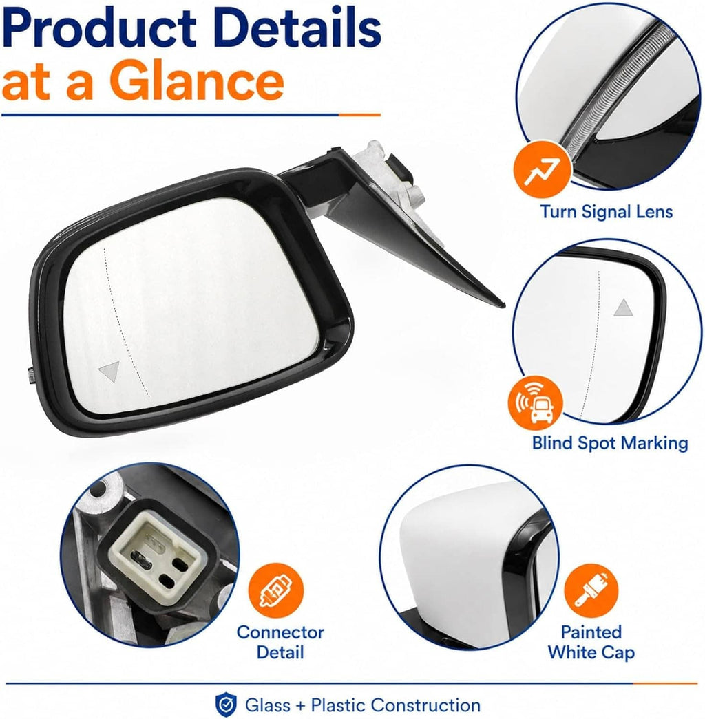 Side mirror with clear view glass, turn signal strip, and blind spot marking