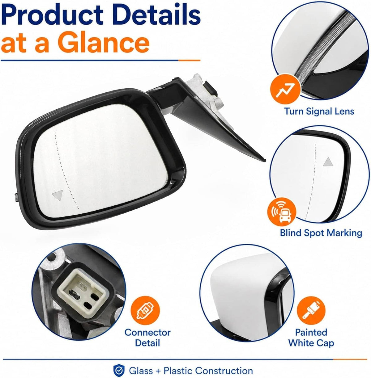 Side mirror with clear view glass, turn signal strip, and blind spot marking