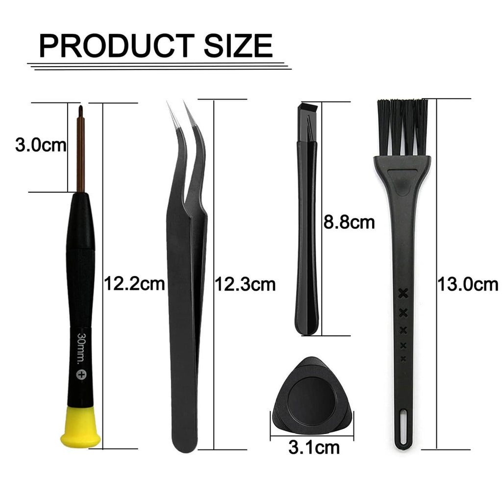 Tool set size chart with measurements for screwdrivers, pry tools, magnet, and brush