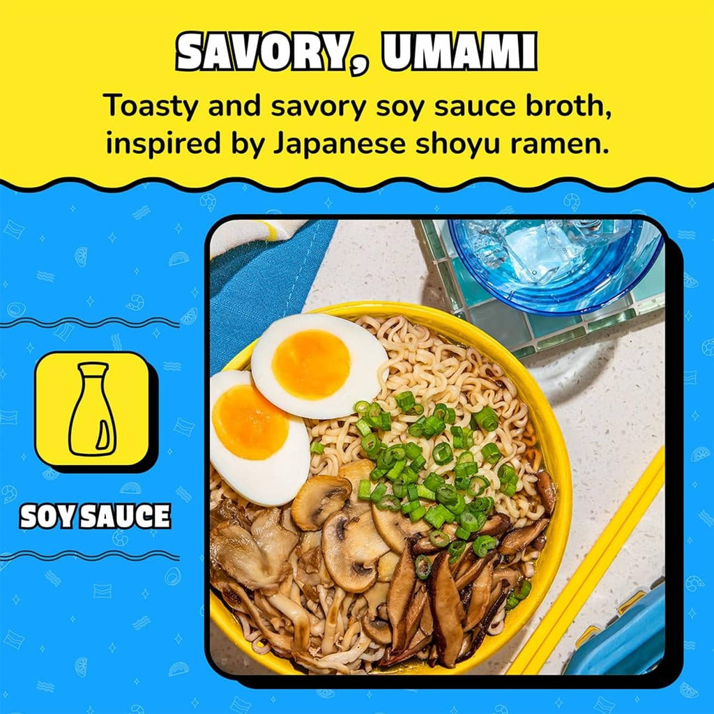 Maruchan soy sauce ramen noodle soup flavor panel with bowl of noodles and eggs