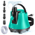 Submersible sump pump with teal housing, black base, and attached hose for pools