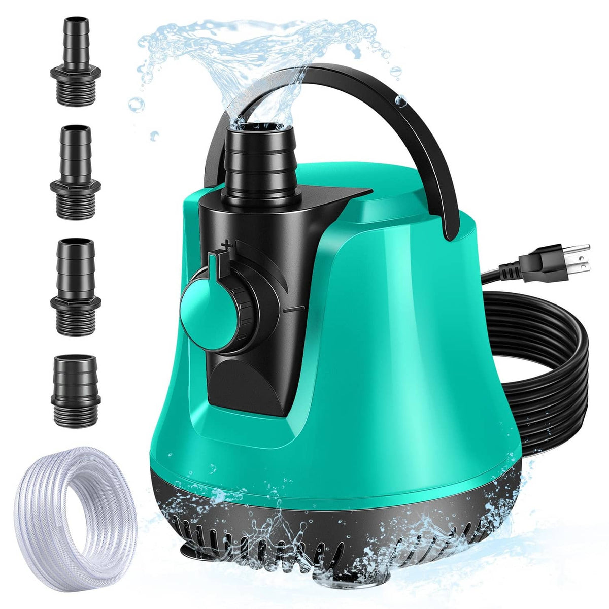 Submersible sump pump with teal housing, black base, and attached hose for pools