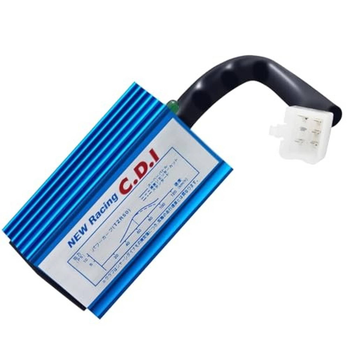 Blue 5-pin AC CDI ignition box with black cable and white plug connector