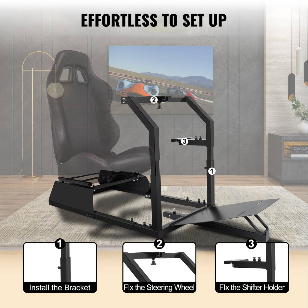 Racing simulator steering wheel stand setup view with bracket, wheel mount, and shifter holder