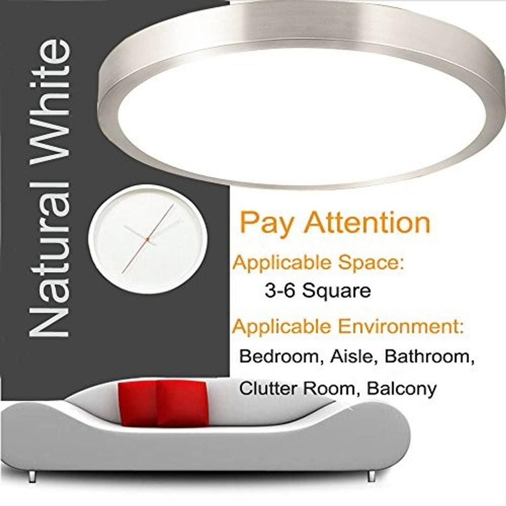 White round LED flush-mount ceiling light with brushed metal outer ring