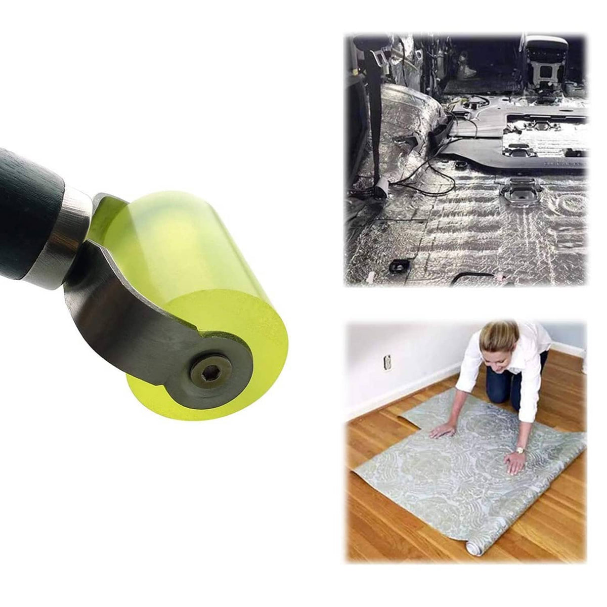 Rubber seam roller in use on car insulation panel, lime-green wheel