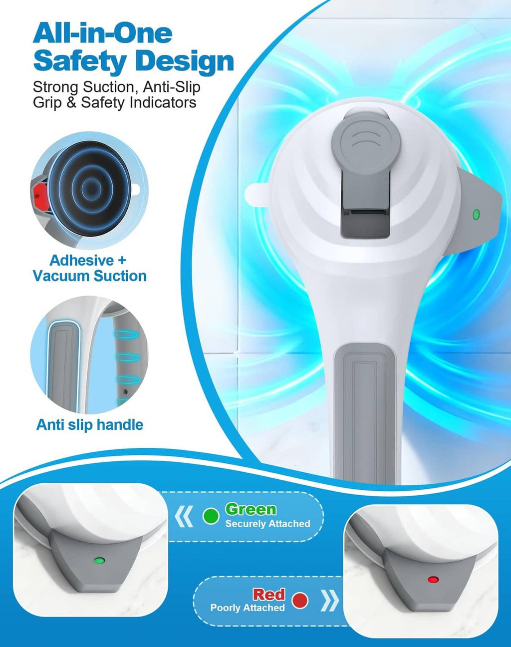White shower grab bar with safety indicator cap and textured anti-slip handle