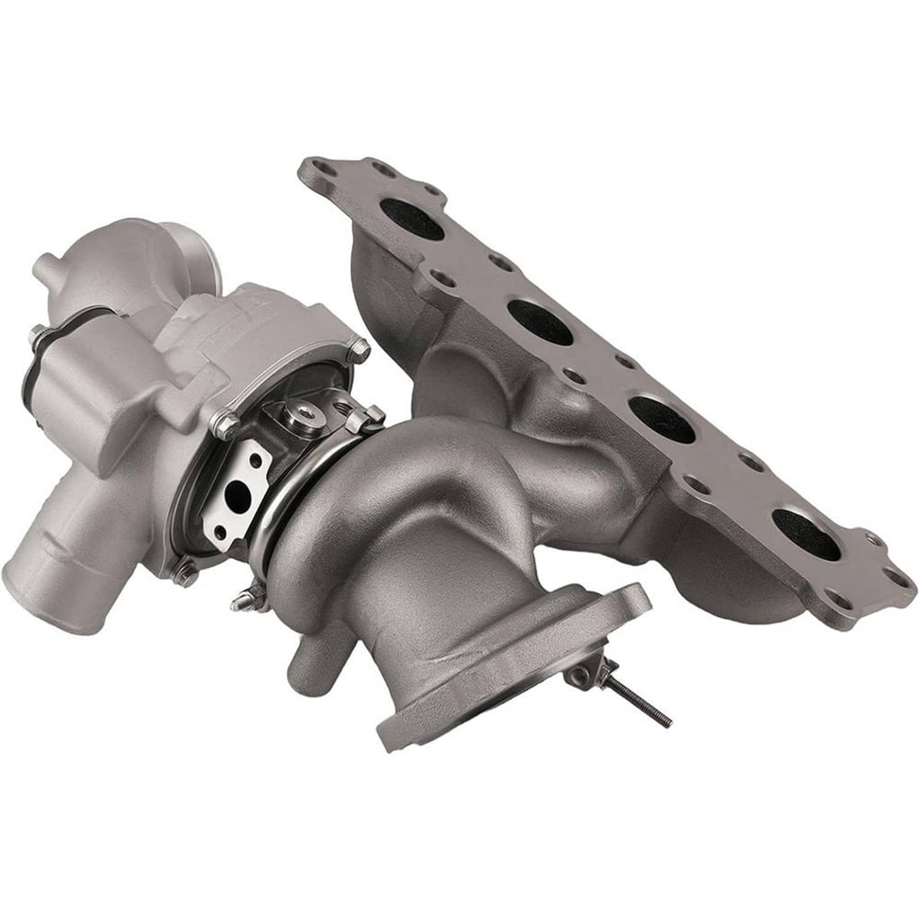 Turbocharger with cast manifold and compressor housing, silver and dark finish