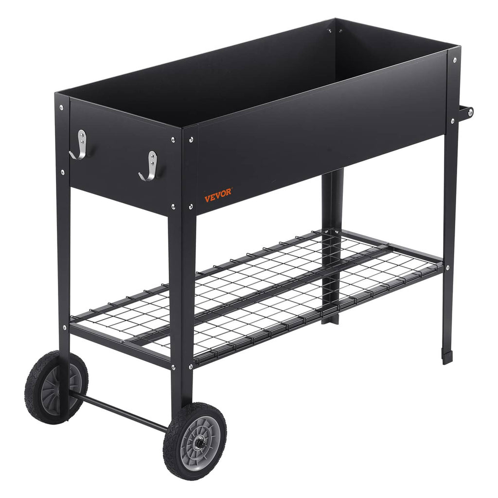 Black galvanized steel raised garden bed planter box with side hooks, wire shelves, and wheels