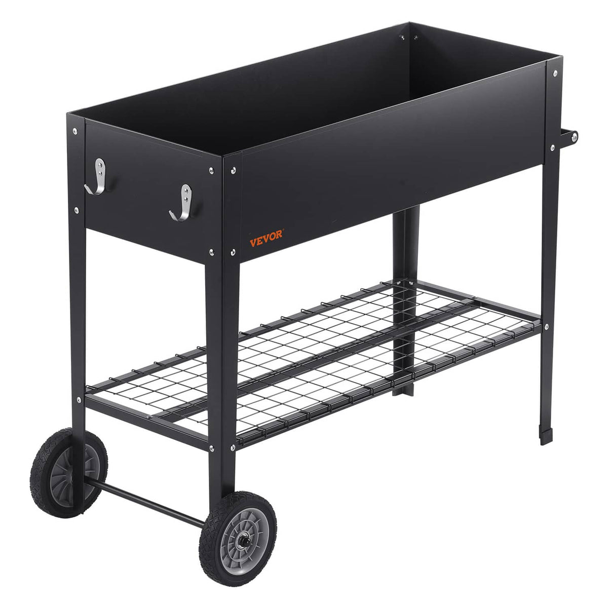 Black galvanized steel raised garden bed planter box with side hooks, wire shelves, and wheels