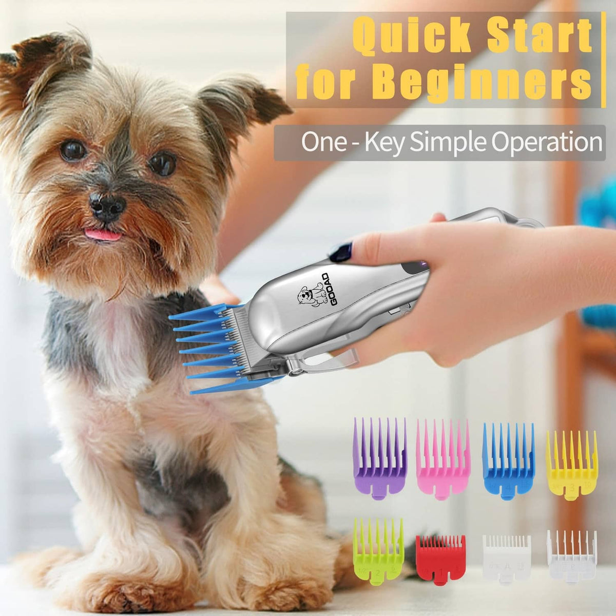 Gooad dog grooming clipper with blue guide comb attachment for easy trimming