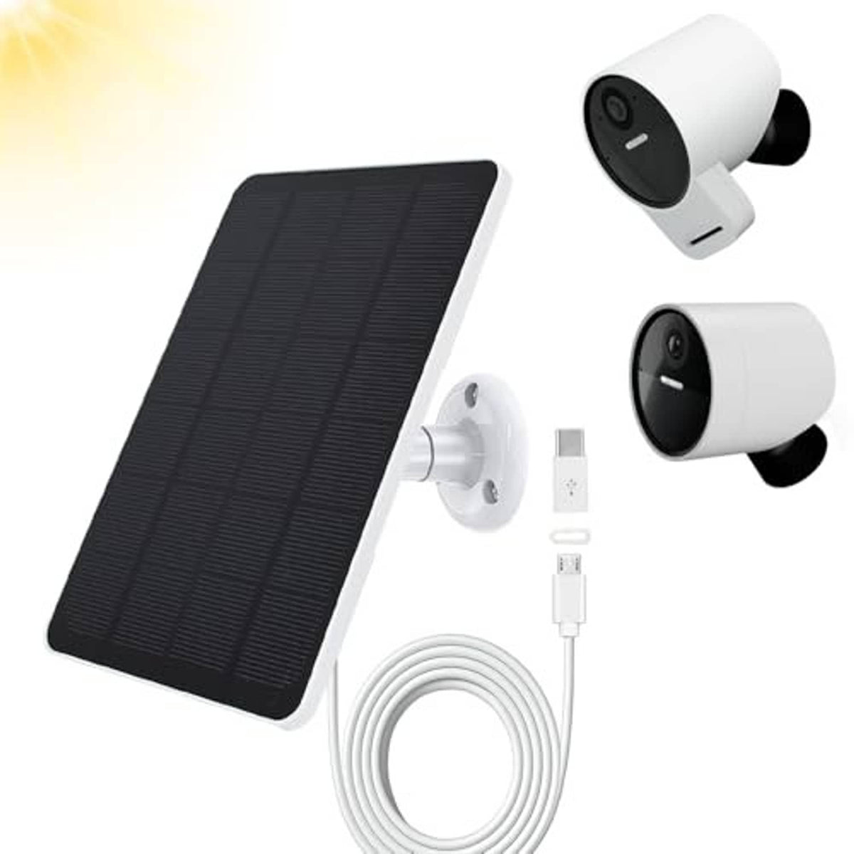 Solar panel kit with dark panel, two white camera fixtures, and coiled charging cable