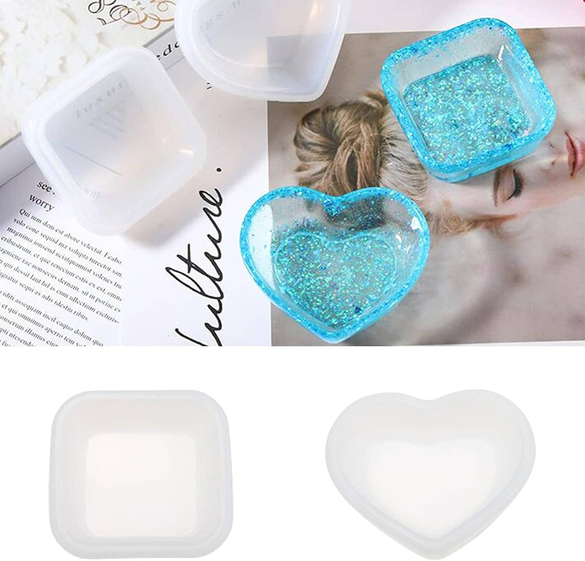 Blue glitter heart-shaped resin bowl and square tray on a craft surface