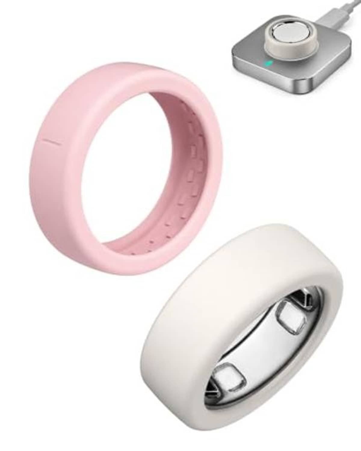 Silicone ring cover set: pink outer sleeve and light cream sleeve, open for ring insert