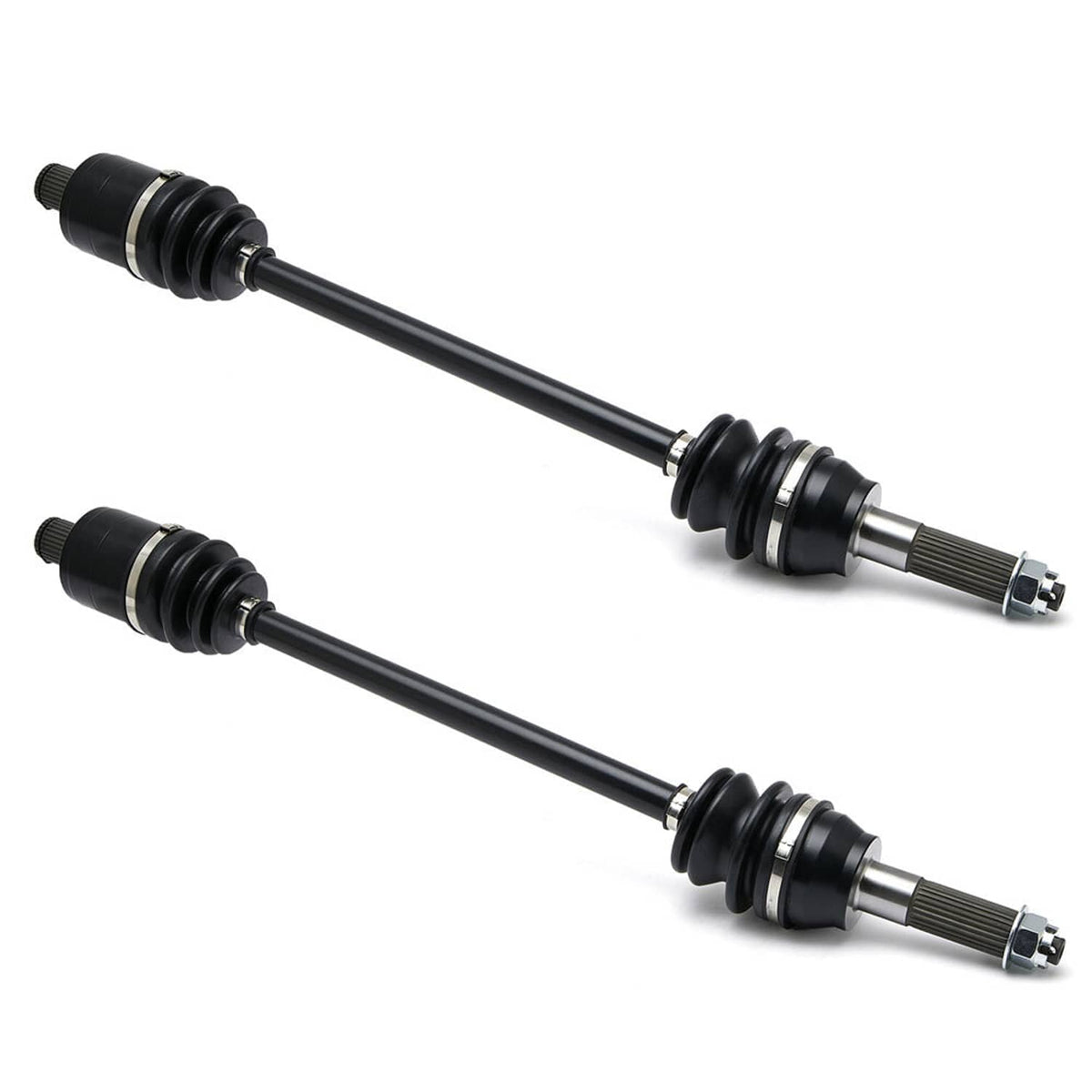 Rear CV axle drive shafts set with black rubber boots and ribbed metal splines