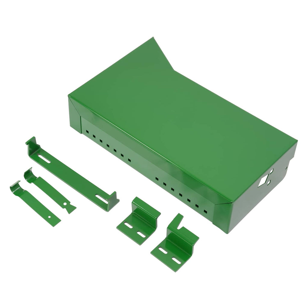 Green battery box with included mounting brackets and hardware pieces