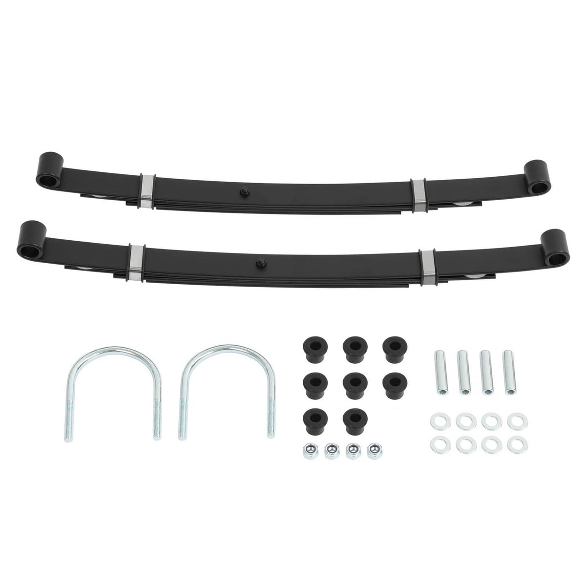 Rear leaf spring kit with two black springs, U-bolts, nuts, washers, and hardware